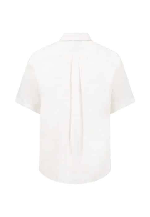 Back view of a short-sleeve, white collared shirt with a pleat detail in the centre and a slightly curved hem.