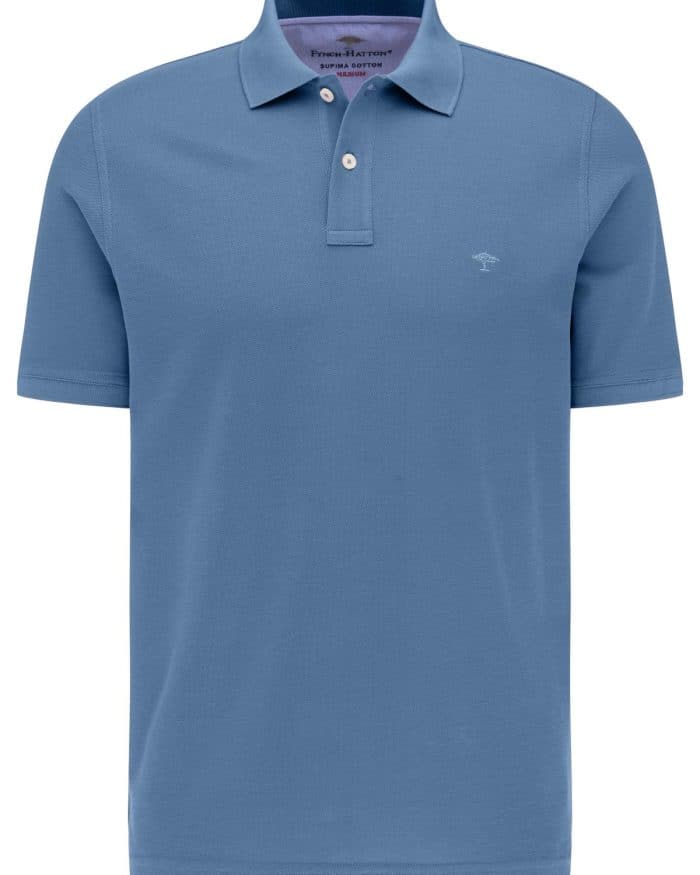 A plain blue short-sleeved polo shirt with a collar, three white buttons, and a subtle embroidered logo on the chest.