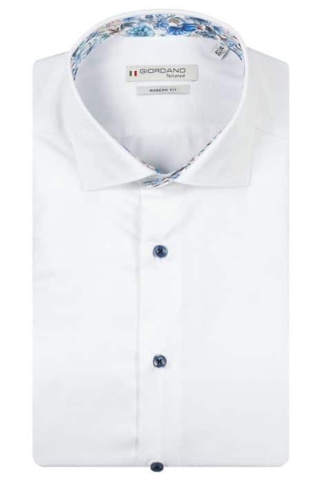 A neatly folded white button-up dress shirt with blue buttons and a visible floral-patterned inner collar. The label reads “Giordano Tailored, Modern Fit”.