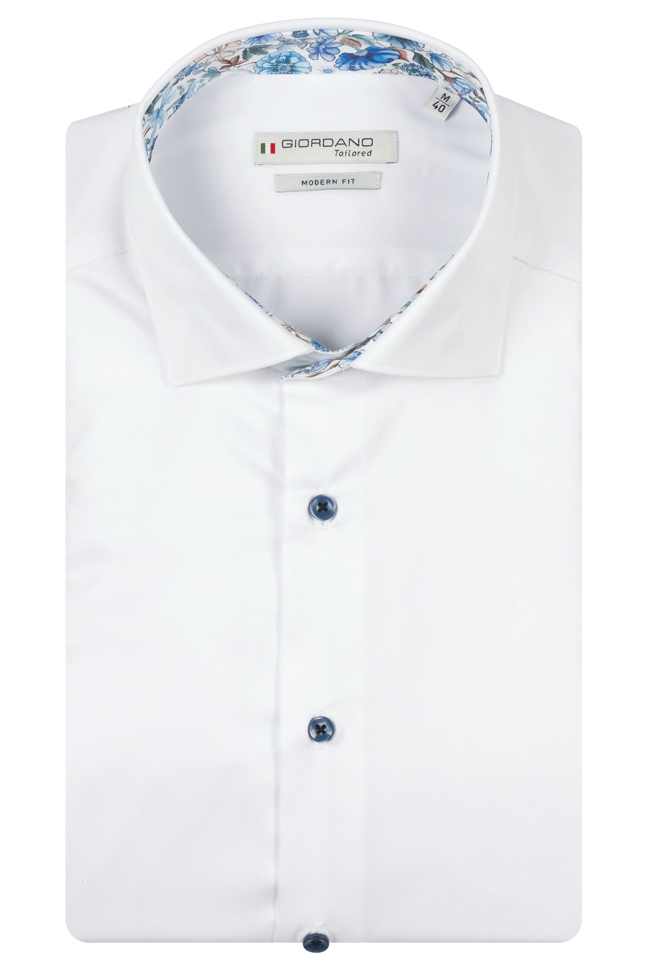 A neatly folded white button-up dress shirt with blue buttons and a visible floral-patterned inner collar. The label reads “Giordano Tailored, Modern Fit”.