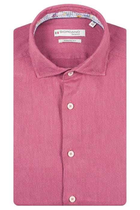 A neatly folded long-sleeved, button-up shirt in a solid mauve colour with white buttons and a patterned inner collar, labelled Giordano Tailored Modern Fit.