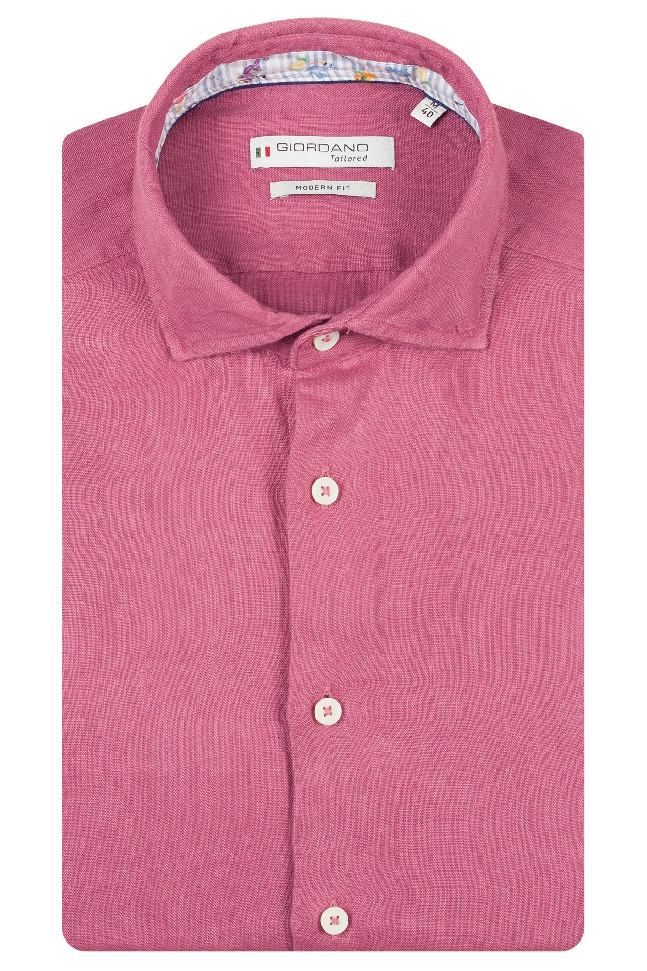 A neatly folded long-sleeved, button-up shirt in a solid mauve colour with white buttons and a patterned inner collar, labelled Giordano Tailored Modern Fit.