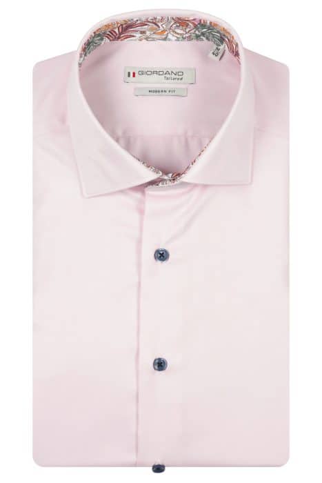 A neatly folded, light pink dress shirt with dark buttons, a pointed collar, and floral-patterned fabric inside the collar. The label reads Giordano Tailored Modern Fit.