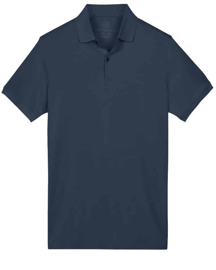 A plain navy blue short-sleeved polo shirt with a collar and two buttons, displayed on a white background.