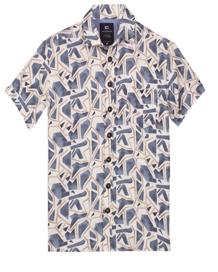 Short-sleeve button-up shirt with a geometric, abstract pattern in shades of blue, beige, and white. The shirt has a collar and a single chest pocket.