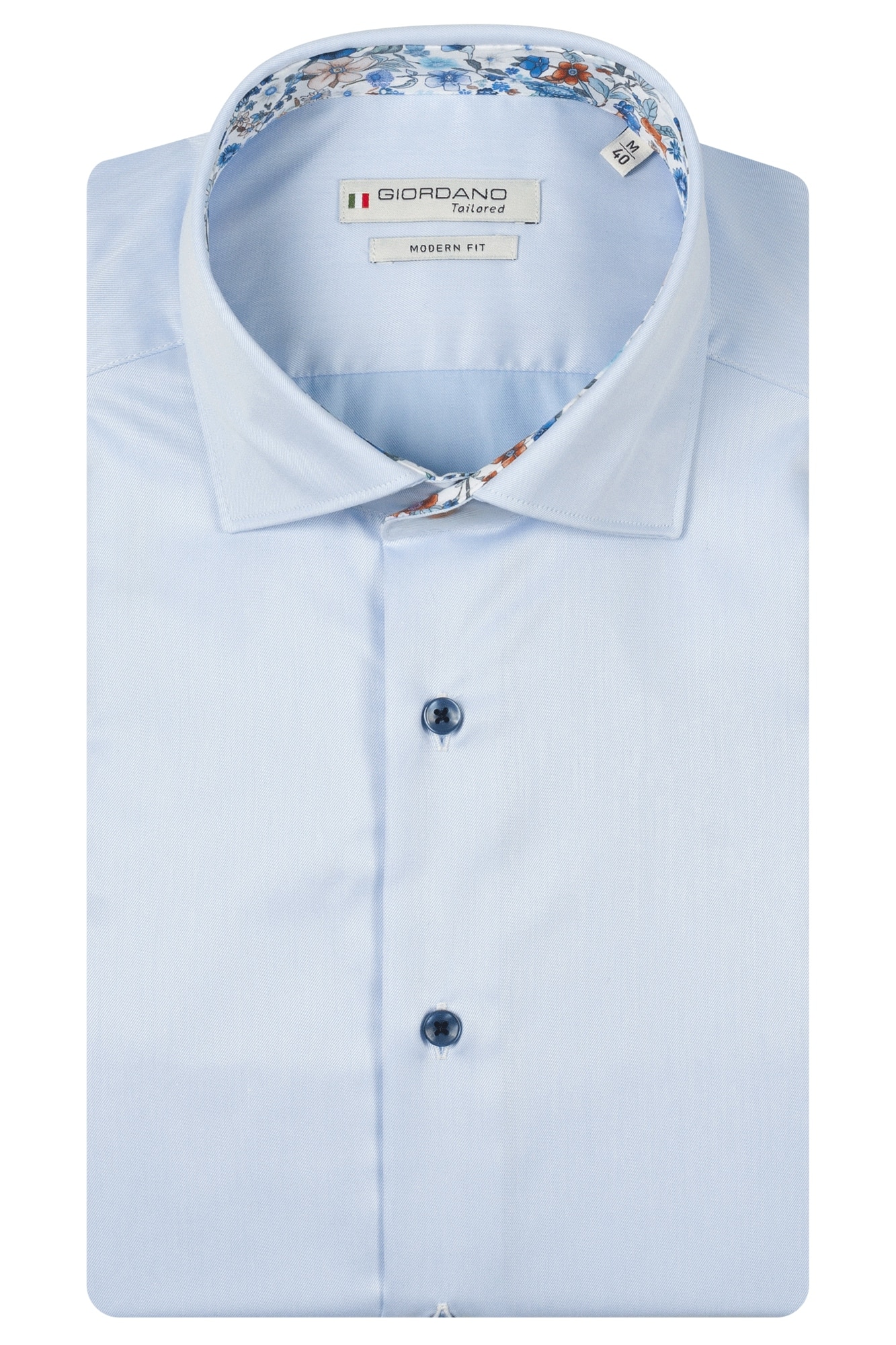 Light blue Giordano tailored dress shirt, neatly folded, with a modern fit. The inside collar features a colourful floral pattern, and the shirt has dark blue buttons.