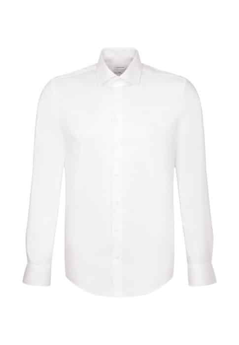 A plain white long-sleeve button-up dress shirt with a collar, shown on a white background.