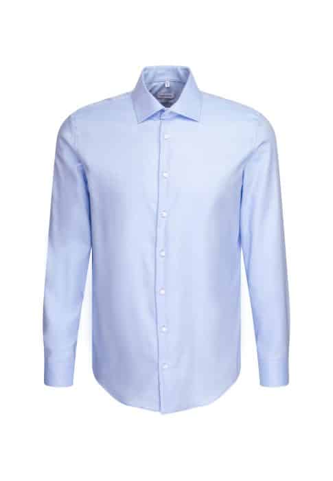 A light blue, long-sleeved, button-up dress shirt with a classic collar, shown on a plain white background.