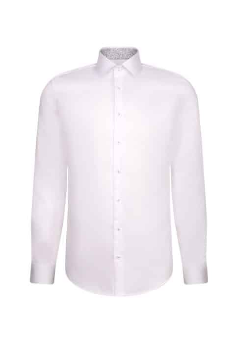 A plain white, long-sleeved, button-through dress shirt with a pointed collar, displayed on a white background.