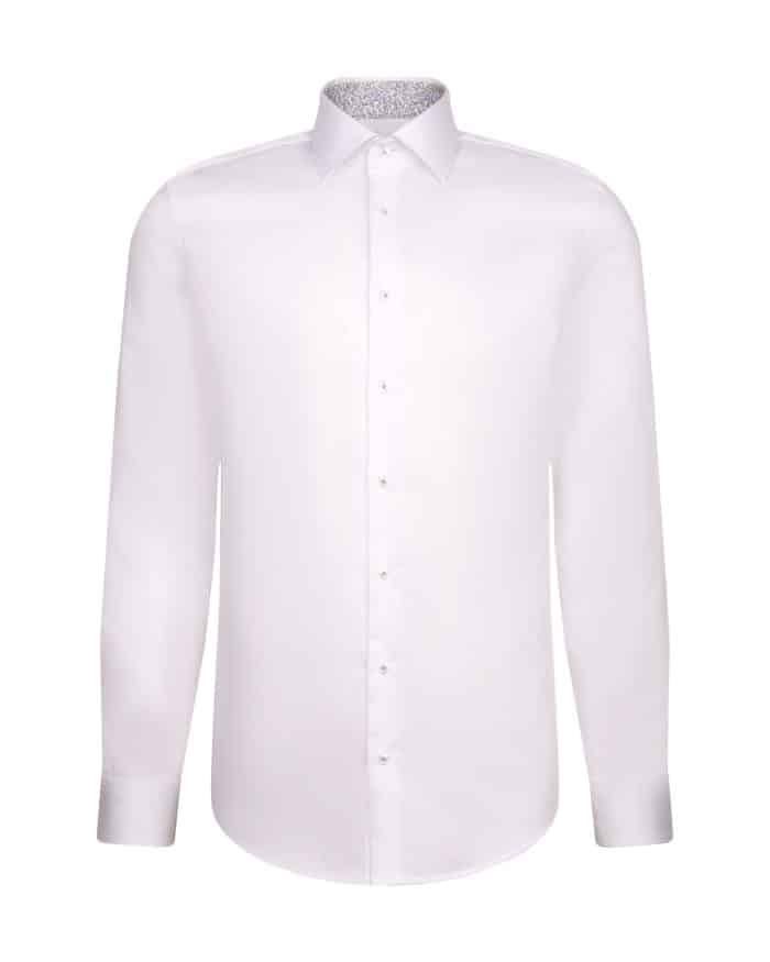 A plain white, long-sleeved, button-through dress shirt with a pointed collar, displayed on a white background.