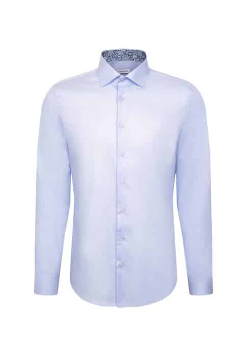 A light blue long-sleeve button-up dress shirt with a classic collar and subtle patterned lining inside the collar, displayed on a white background.