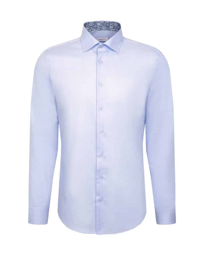 A light blue long-sleeve button-up dress shirt with a classic collar and subtle patterned lining inside the collar, displayed on a white background.