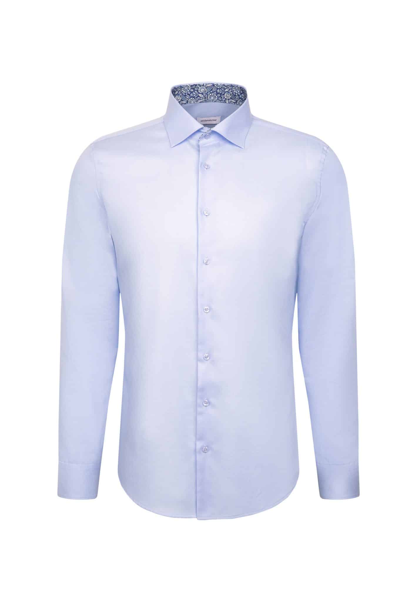 A light blue long-sleeve button-up dress shirt with a classic collar and subtle patterned lining inside the collar, displayed on a white background.