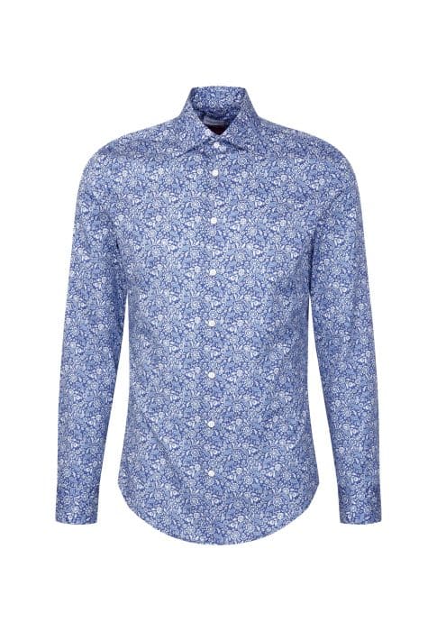 A long-sleeved, button-up shirt with a blue and white floral pattern. The shirt has a collar and white buttons down the front. The design is fitted and neatly pressed.