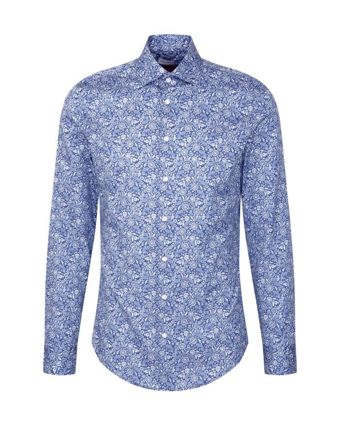 A long-sleeved, button-up shirt with a blue and white floral pattern. The shirt has a collar and white buttons down the front. The design is fitted and neatly pressed.