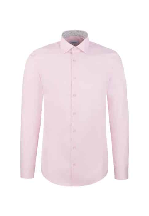 A light pink, long-sleeved button-up men’s dress shirt with a classic collar and slightly rounded hem, displayed on a white background.
