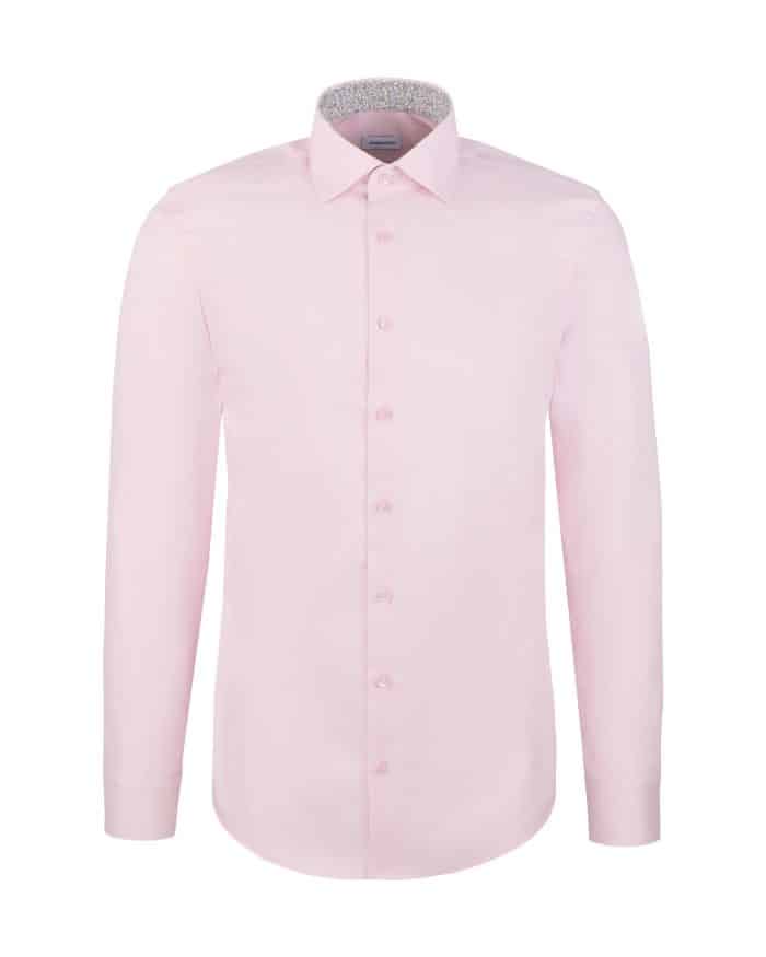 A light pink, long-sleeved button-up men’s dress shirt with a classic collar and slightly rounded hem, displayed on a white background.
