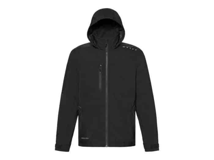 A black hooded jacket with a front zip, zipped chest pocket, and zipped side pockets, displayed against a white background. The jacket has long sleeves and a minimal, sporty design.