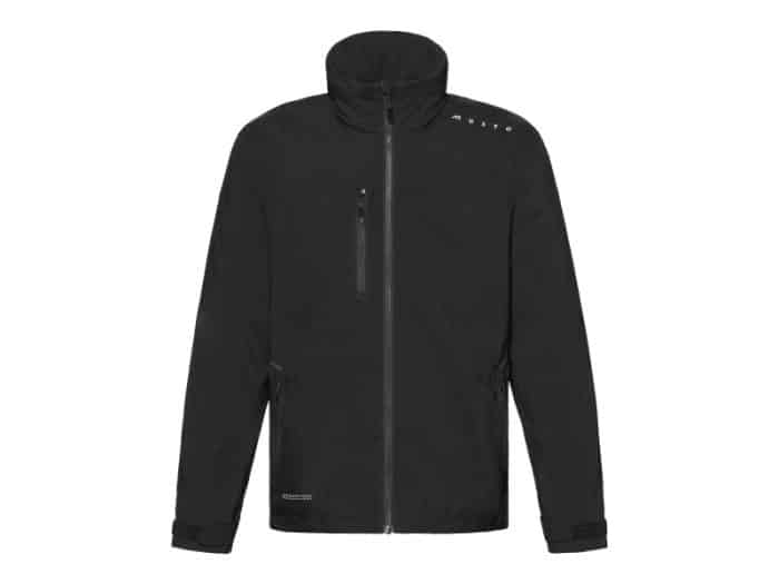 A black, long-sleeve jacket with a high collar, front zip, two zipped side pockets, and a vertical chest pocket. The word MUSTO appears in white text near the right shoulder.