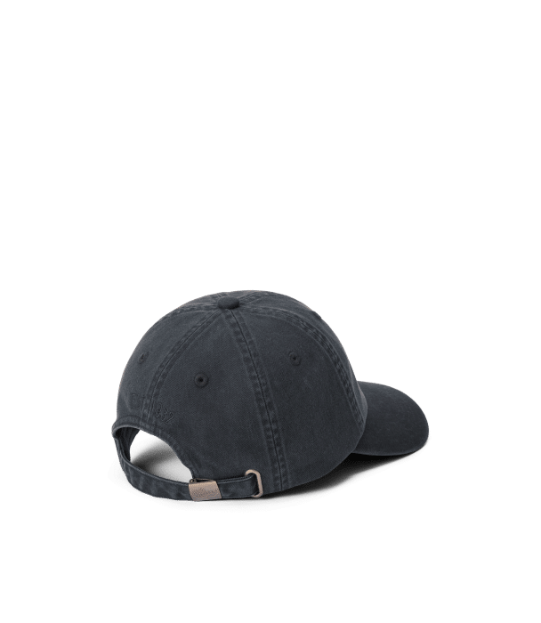 A dark grey baseball cap shown from the back, featuring an adjustable strap with a metal clasp and subtle stitching details, set against a plain white background.