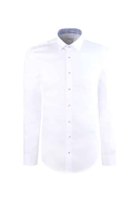A long-sleeved, white button-down dress shirt with a pointed collar and a subtle blue patterned inner collar detail, displayed on a plain white background.