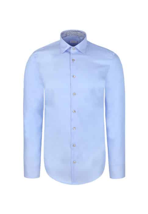 A light blue long-sleeve button-up men's dress shirt with a classic collar and white buttons, displayed on a plain white background.