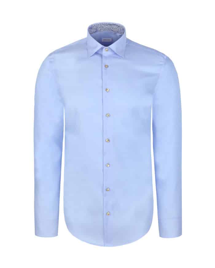 A light blue long-sleeve button-up men's dress shirt with a classic collar and white buttons, displayed on a plain white background.