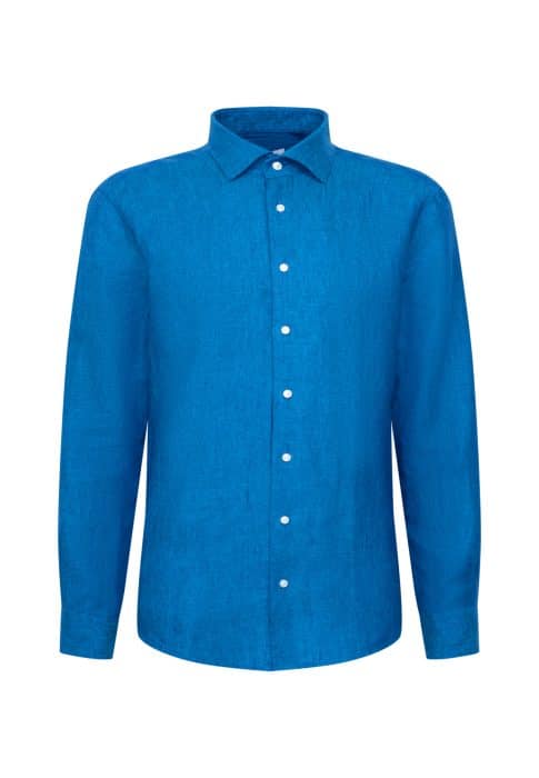 A long-sleeved, button-up shirt in bright blue linen fabric with a classic collar and white buttons, displayed on a plain white background.