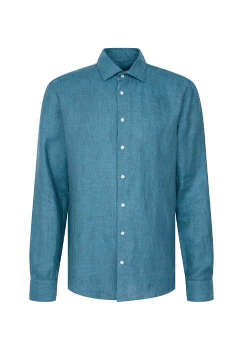 A teal long-sleeve button-up shirt with a classic collar, white buttons, and a smooth, linen-like texture, displayed on a plain white background.