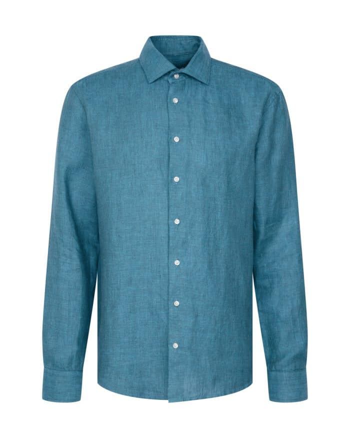 A teal long-sleeve button-up shirt with a classic collar, white buttons, and a smooth, linen-like texture, displayed on a plain white background.