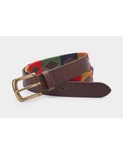 A brown leather belt with a gold buckle, featuring a colourful, patterned fabric section with geometric designs in red, green, blue, and yellow.