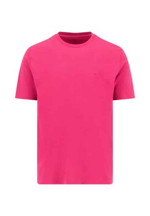 A plain, short-sleeve, crew neck T-shirt in bright pink, displayed on a white background.