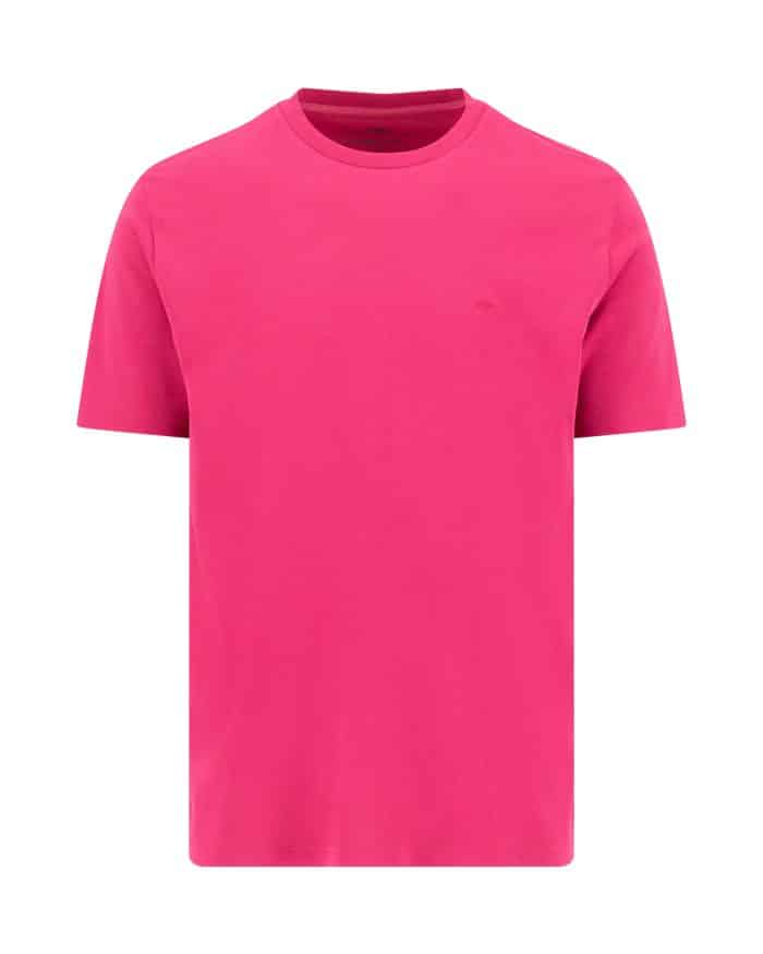 A plain, short-sleeve, crew neck T-shirt in bright pink, displayed on a white background.