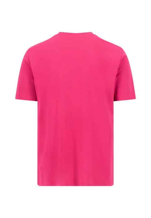 A plain bright pink short-sleeve t-shirt displayed from the back against a white background.