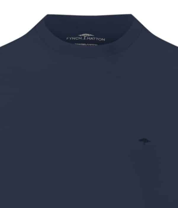 Navy blue Fynch-Hatton crew neck T-shirt with a small embroidered tree logo on the left chest and the brand label printed inside the collar.