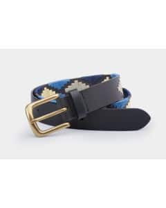 A leather belt with a brass buckle and a woven pattern in blue, cream, and black colours, displayed coiled on a plain light background.