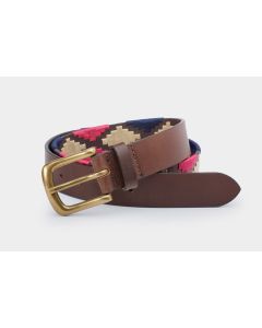 A brown leather belt with a gold buckle and a woven fabric section featuring a red, navy, and beige geometric pattern. The belt is coiled with the buckle facing forwards.
