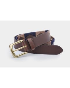 A brown leather belt with a gold buckle, featuring a patterned fabric section in navy and beige geometric shapes, coiled on a light grey background.