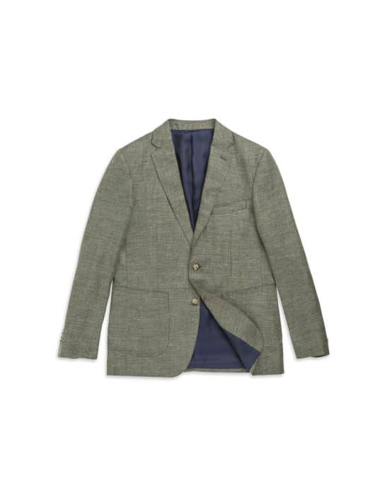 A single-breasted, light grey textured blazer with two buttons and a dark blue lining, displayed on a white background.