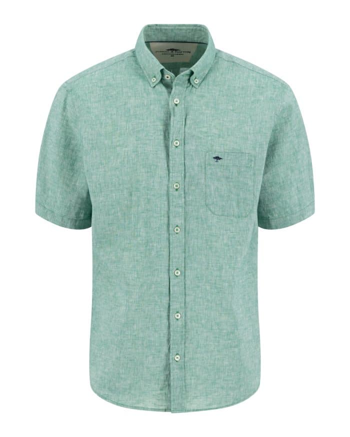 Light green short-sleeve button-up shirt with a subtle texture, button-down collar, and small embroidered logo on the left chest. Shirt is displayed on a white background.
