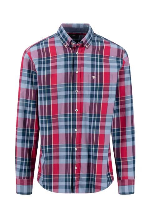 A long-sleeved, button-up shirt with a red, blue, and white check pattern and a small embroidered logo on the chest pocket.
