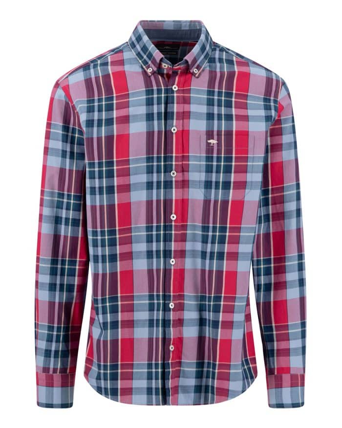 A long-sleeved, button-up shirt with a red, blue, and white check pattern and a small embroidered logo on the chest pocket.