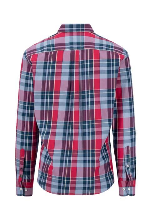 A long-sleeved, buttoned shirt with a red, blue, and white checked pattern, shown from the back.