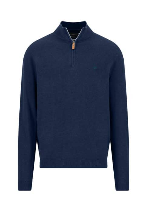 Navy blue long-sleeve jumper with a half-zip collar and a brown zip pull, displayed on a white background.