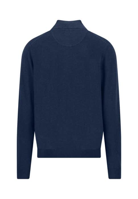 A plain, long-sleeved, navy blue jumper is shown from the back, displayed against a white background. The jumper has a collar and ribbed cuffs and hem.