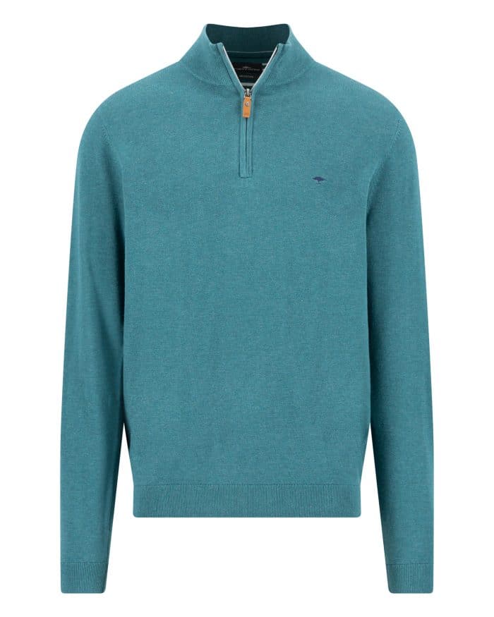 A teal long-sleeve quarter-zip jumper with ribbed cuffs and hem, featuring a small embroidered logo on the left chest and a tan zip pull.