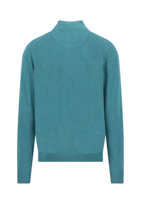 A teal long-sleeve jumper shown from the back. The jumper has a high collar, ribbed cuffs, and a ribbed hem, with simple, clean lines and no visible logos or designs.