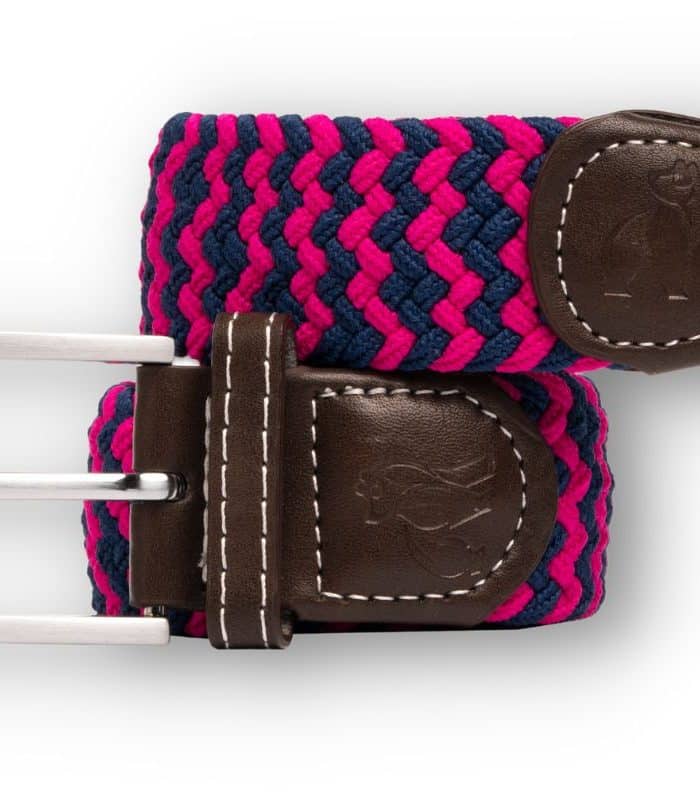 A woven belt with pink, blue, and black strands, featuring brown leather ends with white stitching and a silver buckle.