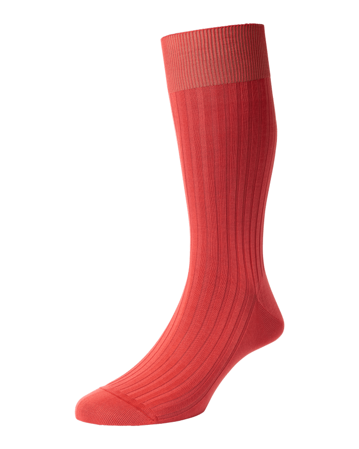 A single bright red, ribbed dress sock is shown against a plain white background, standing upright to display its length and texture.
