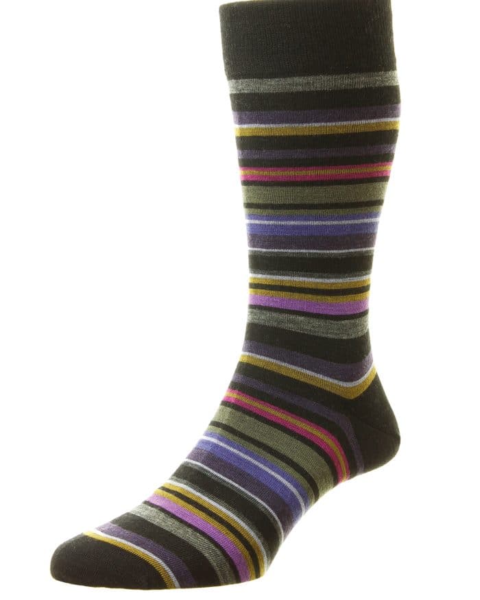 A single sock with multicoloured horizontal stripes in shades of black, grey, purple, yellow, and green, shown upright on a plain white background.